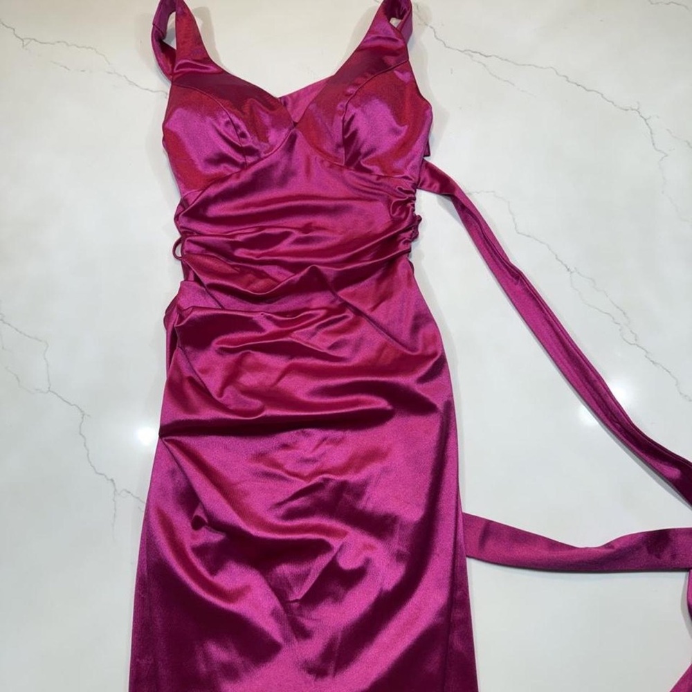 B Darlin Magenta Satin Midi Dress with Cowl Neck